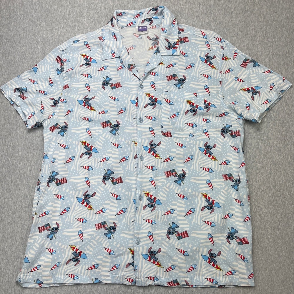 Disney Stitch Americana Patriotic Button Down Shirt XL Blue Fireworks Rayon Mens